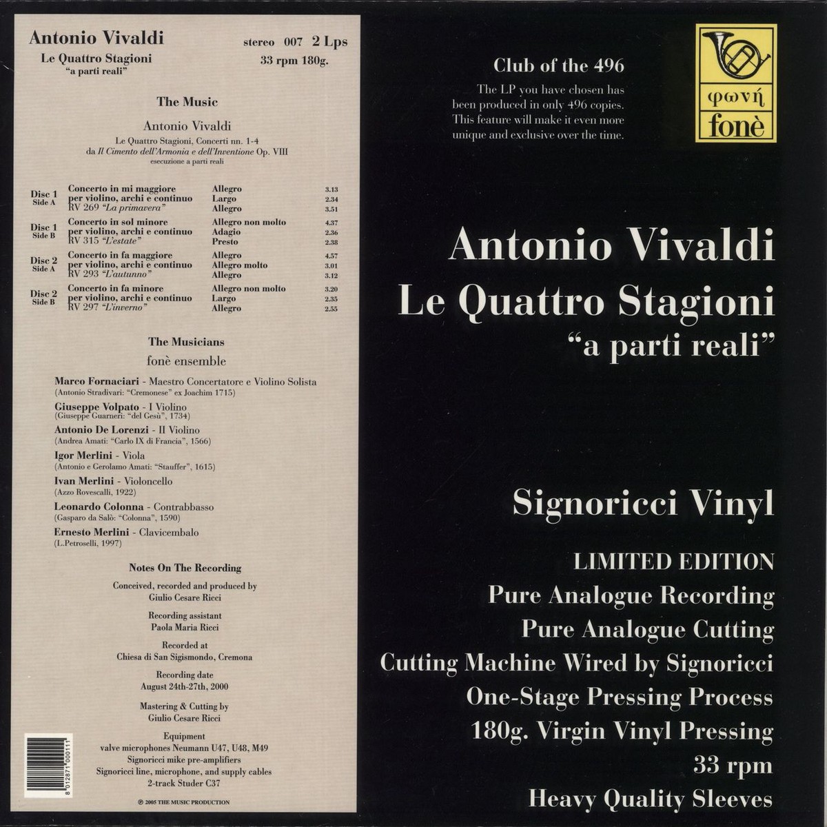 Antonio Vivaldi Le Quattro Stagioni A Parti Reali – 180gm Vinyl Italian 2-LP vinyl set