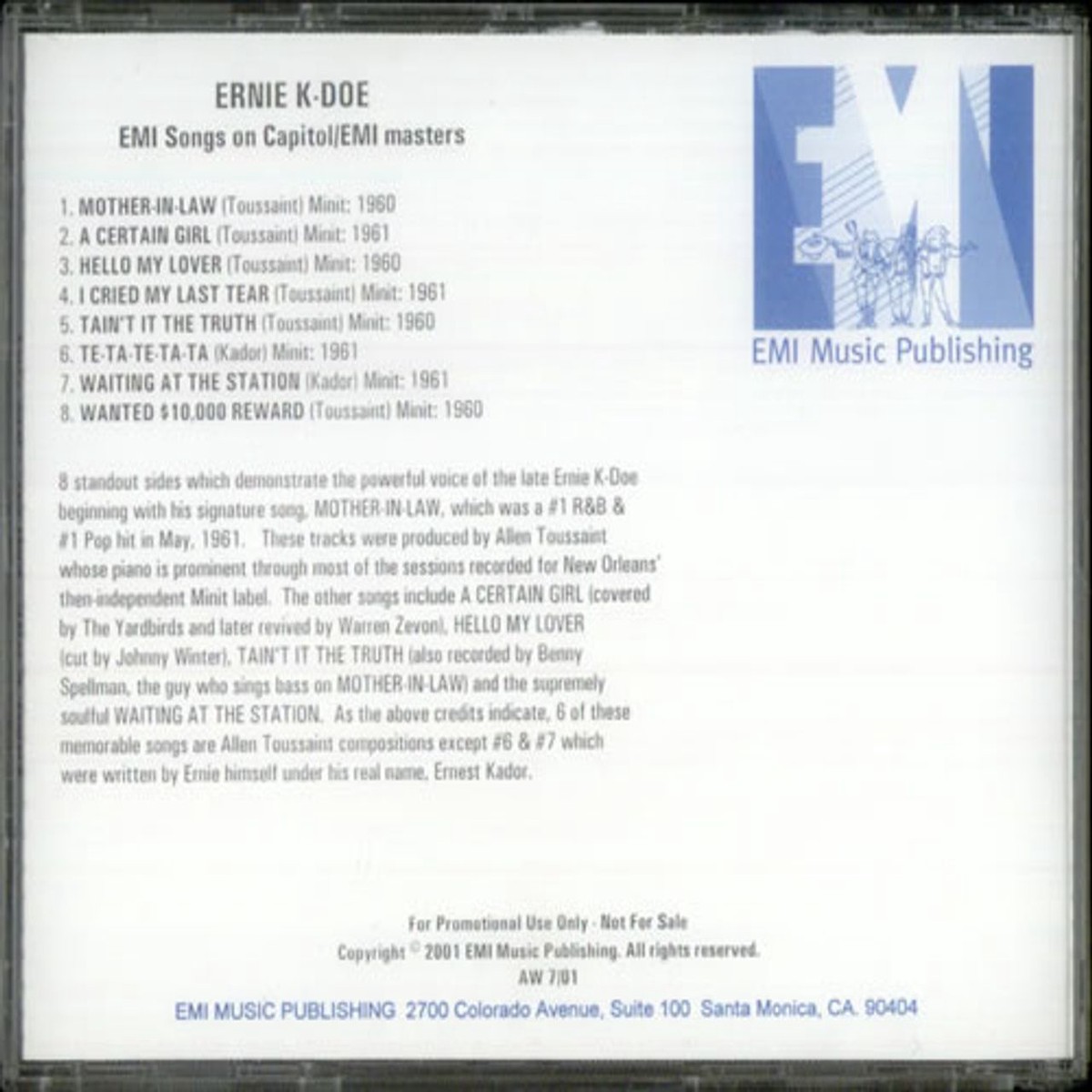 Ernie K-Doe EMI Songs On CapitolEMI Masters US Promo CD-R acetate