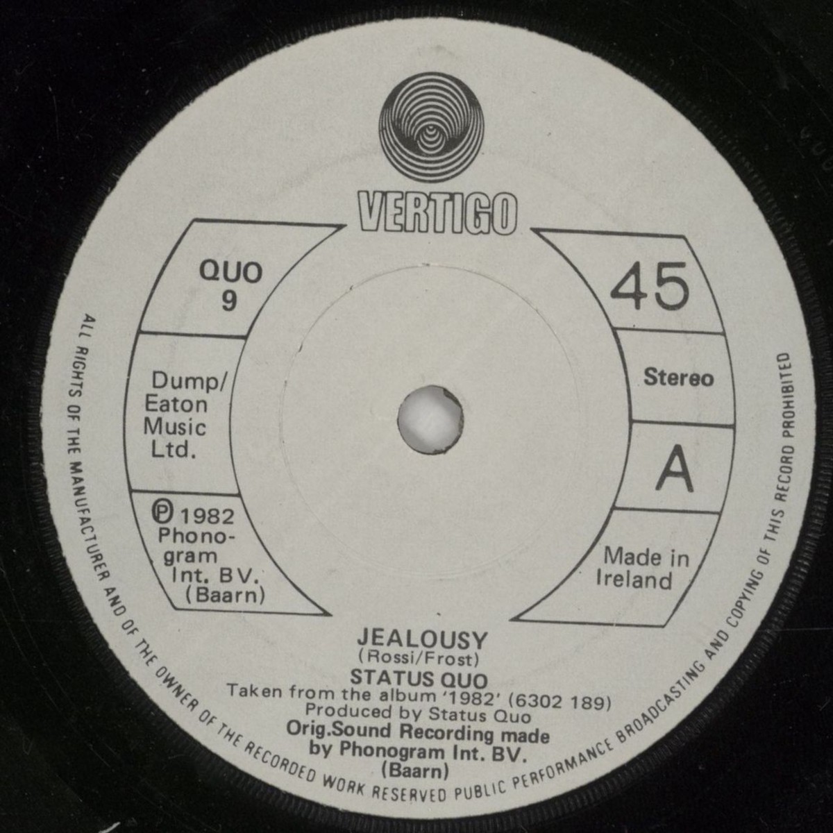 Status Quo Jealousy Irish 7 vinyl