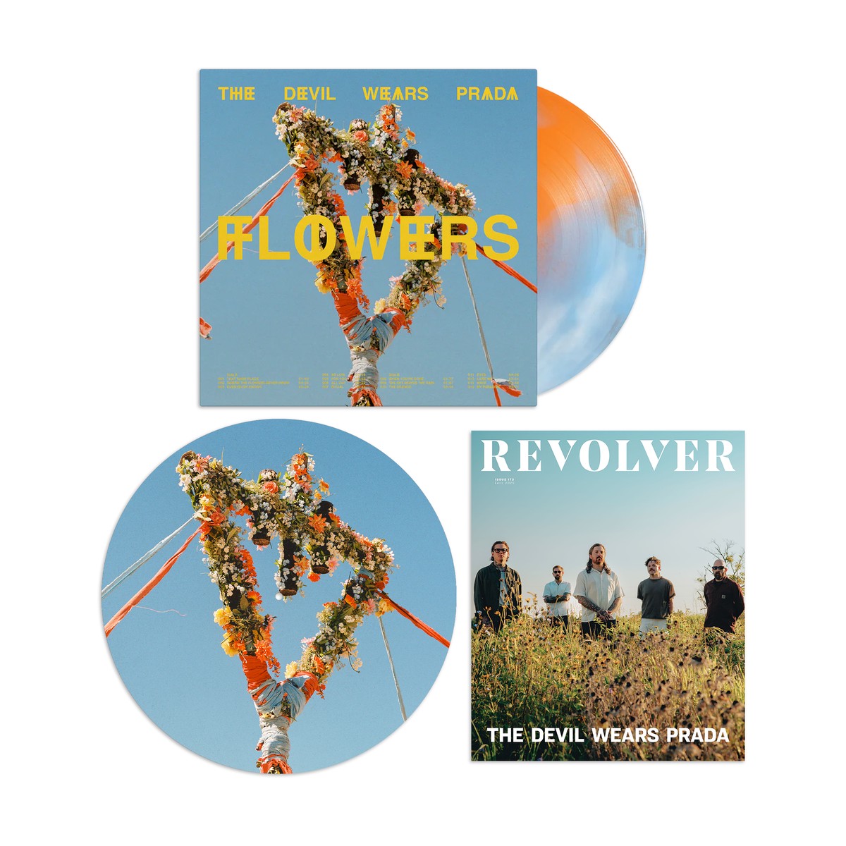 THE DEVIL WEARS PRADA FLOWERS LP (Exclusive Tangerine Baby Blue Bone Smash Vinyl) REVOLVER FALL 2025 ISSUE EXCLUSIVE SLIPMAT