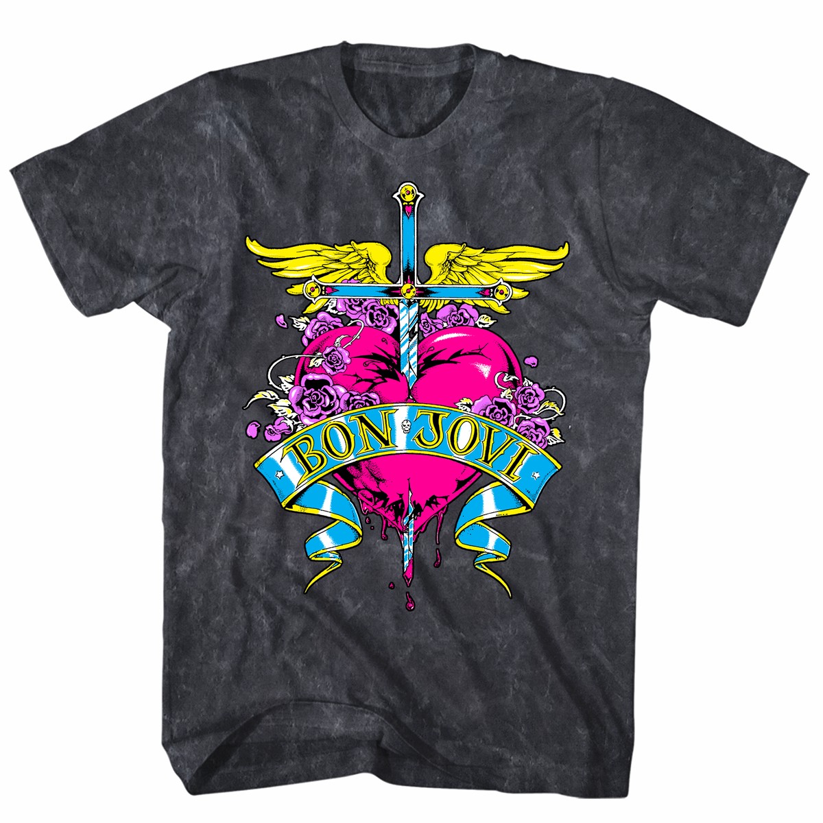 BON JOVI HEART VINTAGE MINERAL WASH BLACK T-SHIRT